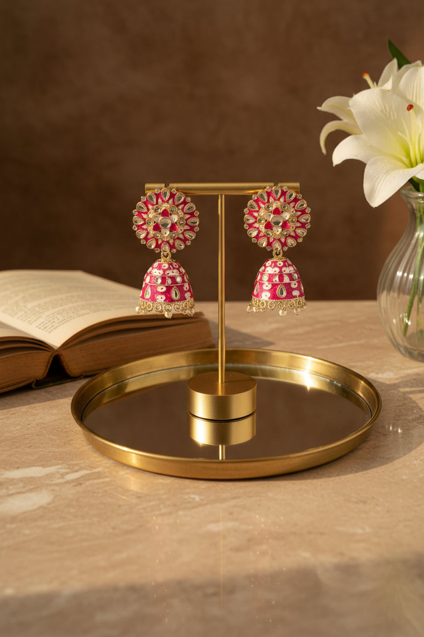 Rani Pink Kundan Meenakari Jhumki Earrings