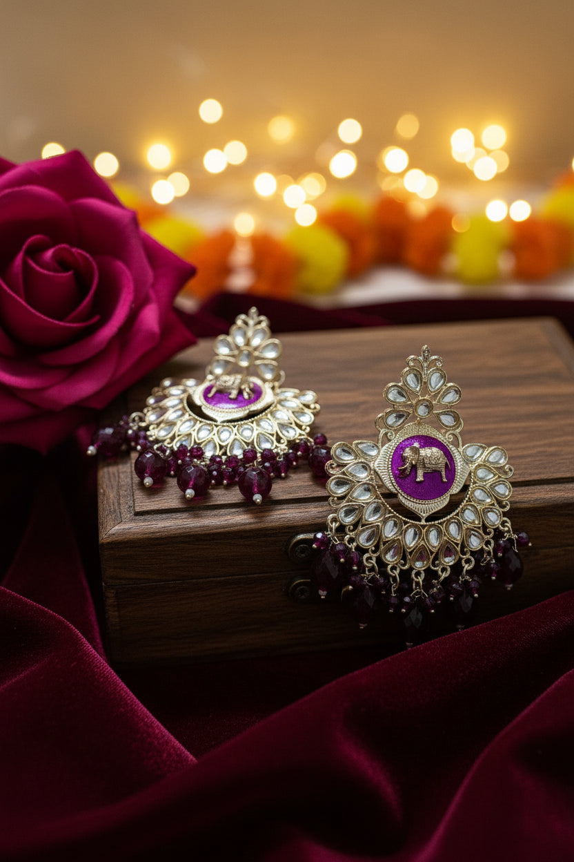 Rani Pink Colour Kundan Earrings
