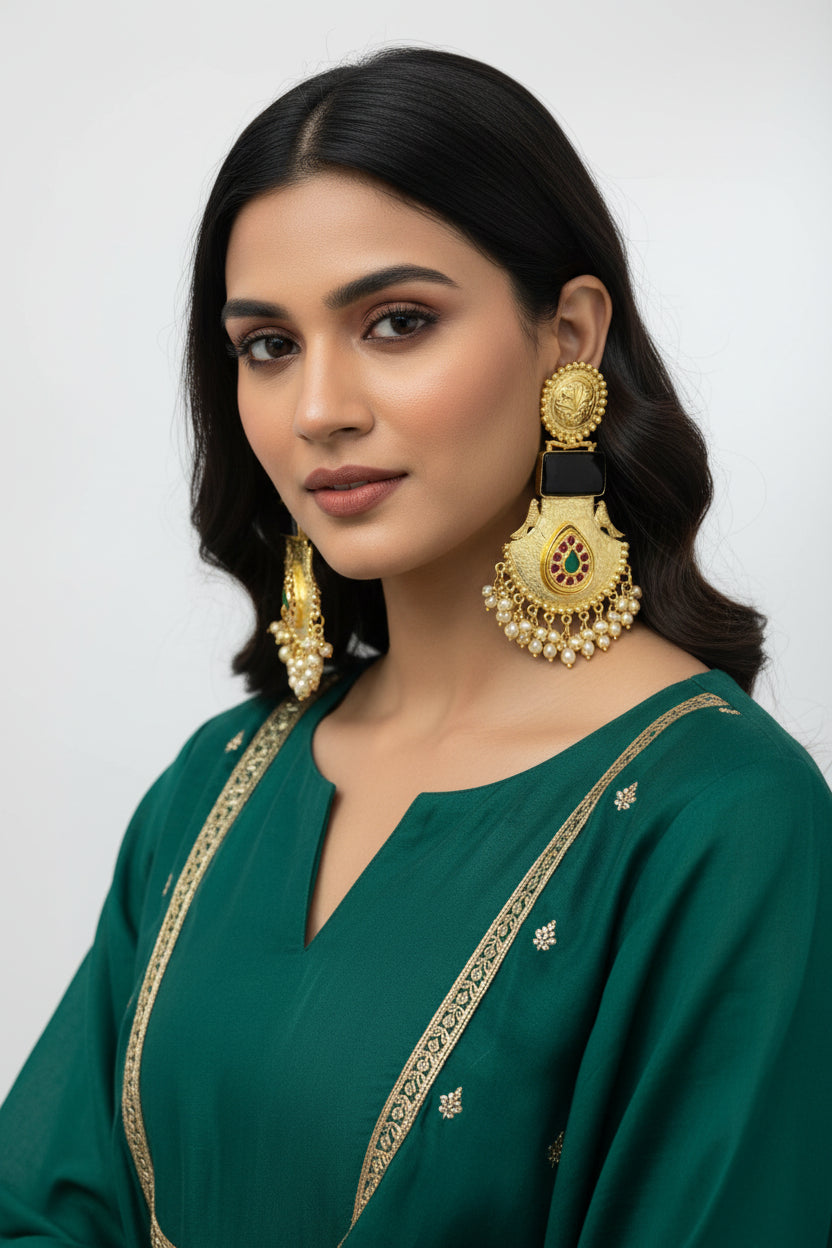 Black Colour Long Chandbali Brass Earrings