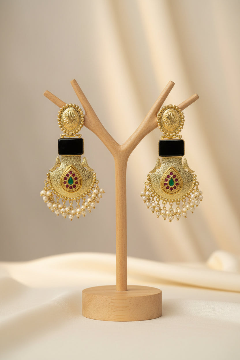 Black Colour Long Chandbali Brass Earrings