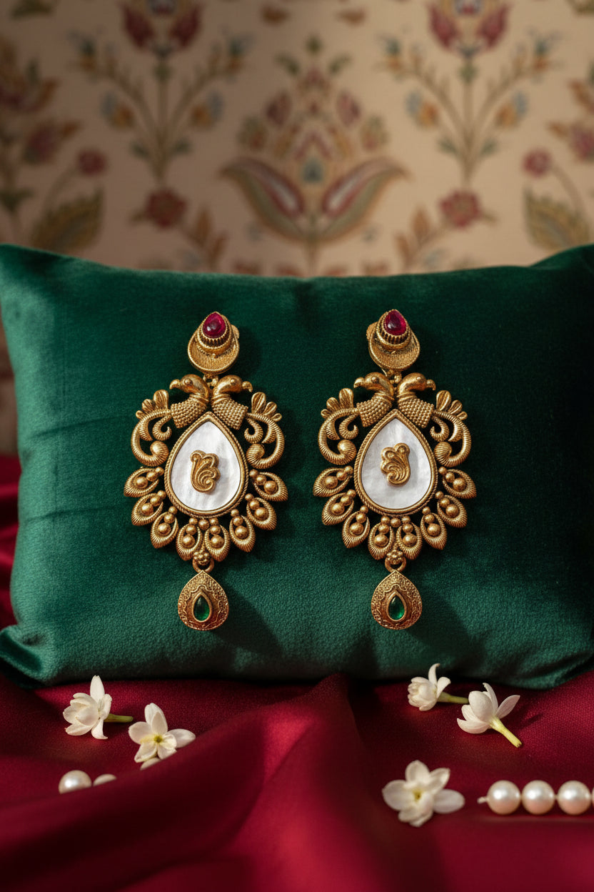 Premium Pink and Green Kundan Antique Earrings