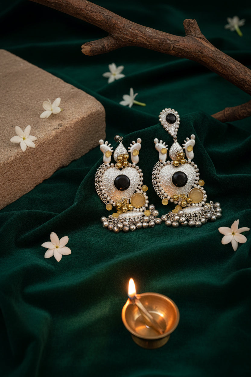 Silver Replica Black Kundan long Earrings