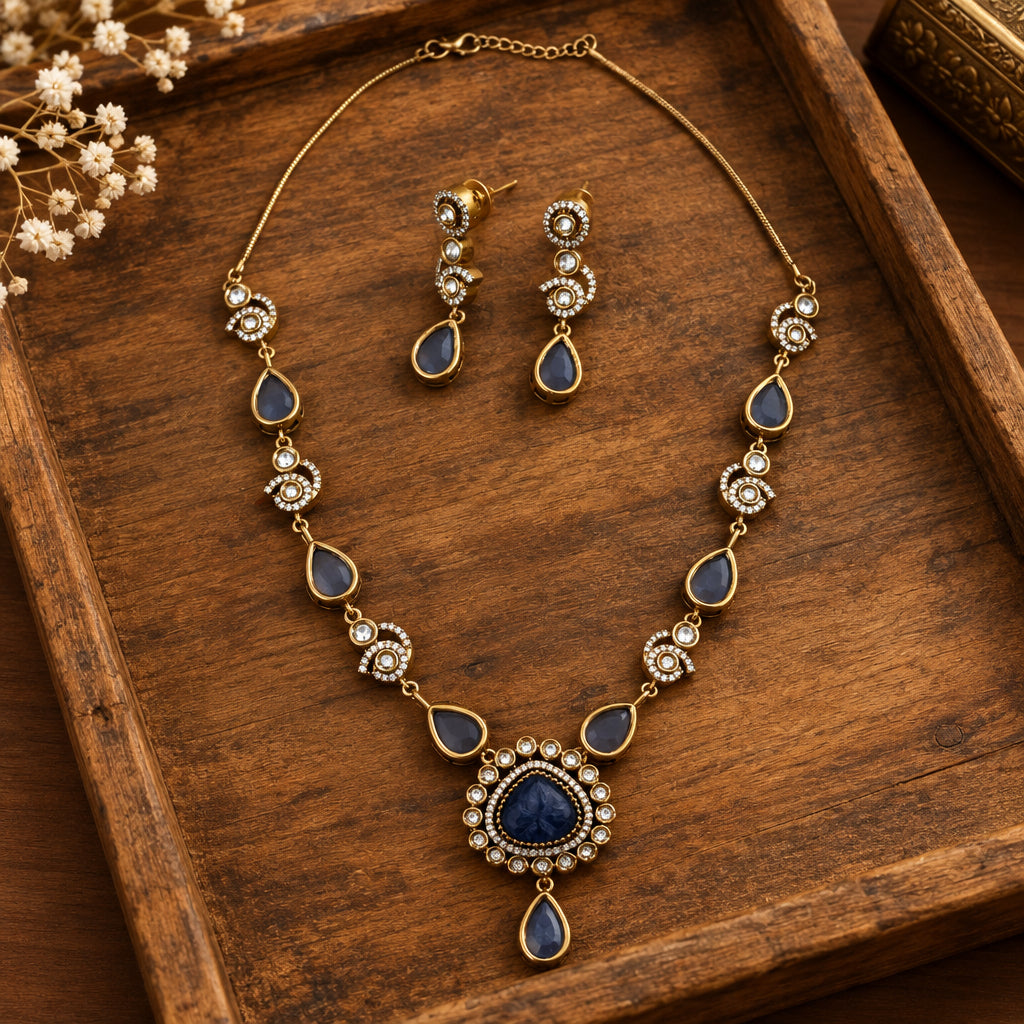 Royal Blue Stone Necklace Set - Sapphire Victorian