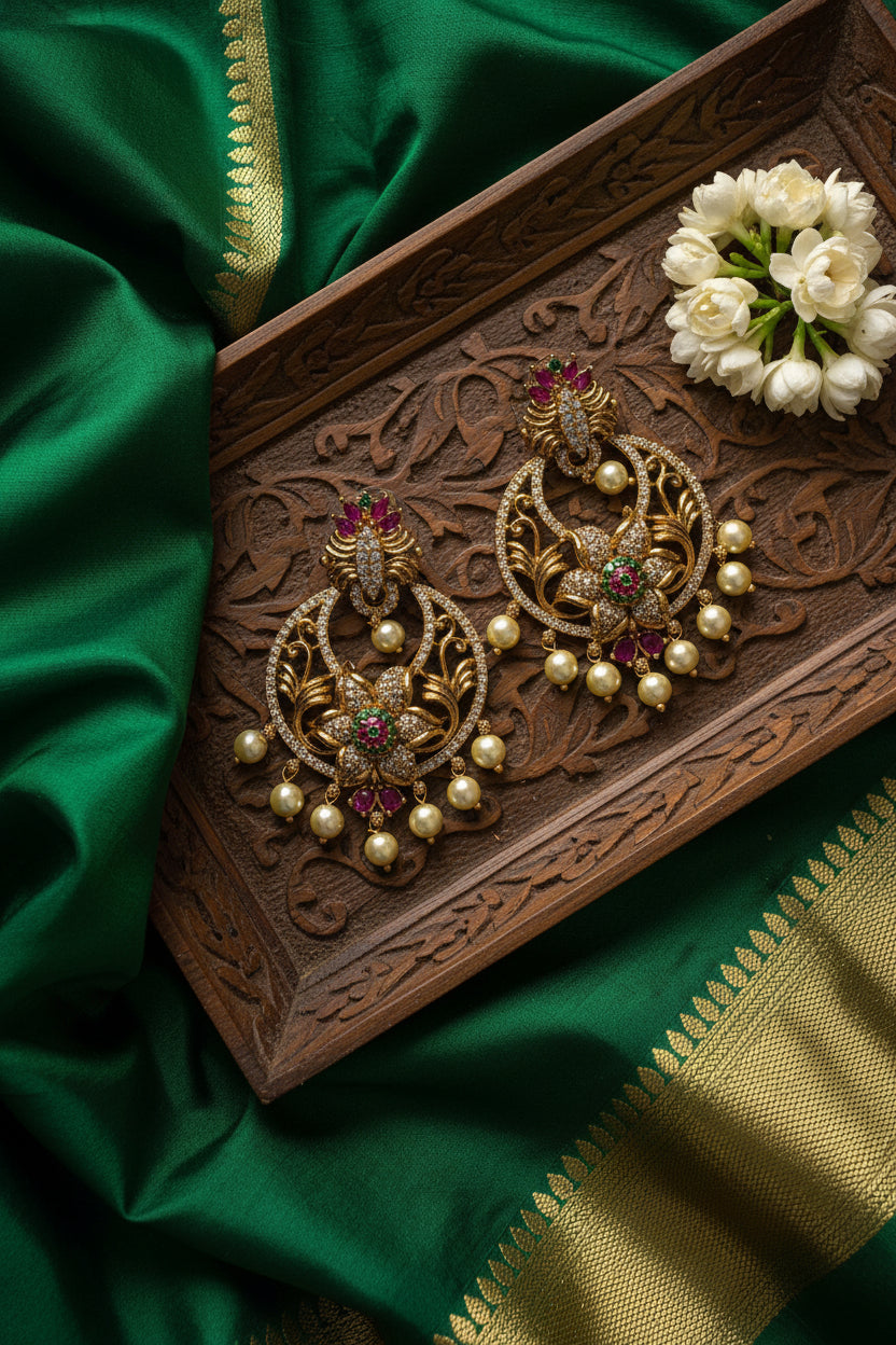 Antique Gold Peacock Chandbali Earrings