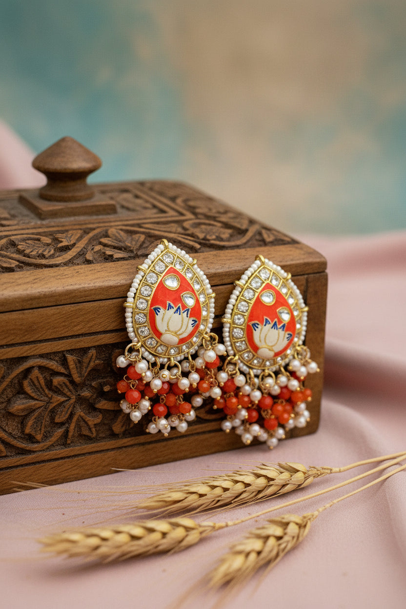 Orange Colour Brass Kundan Earrings