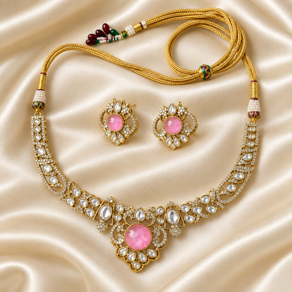 Gold Pink Stone Kundan Necklace Set