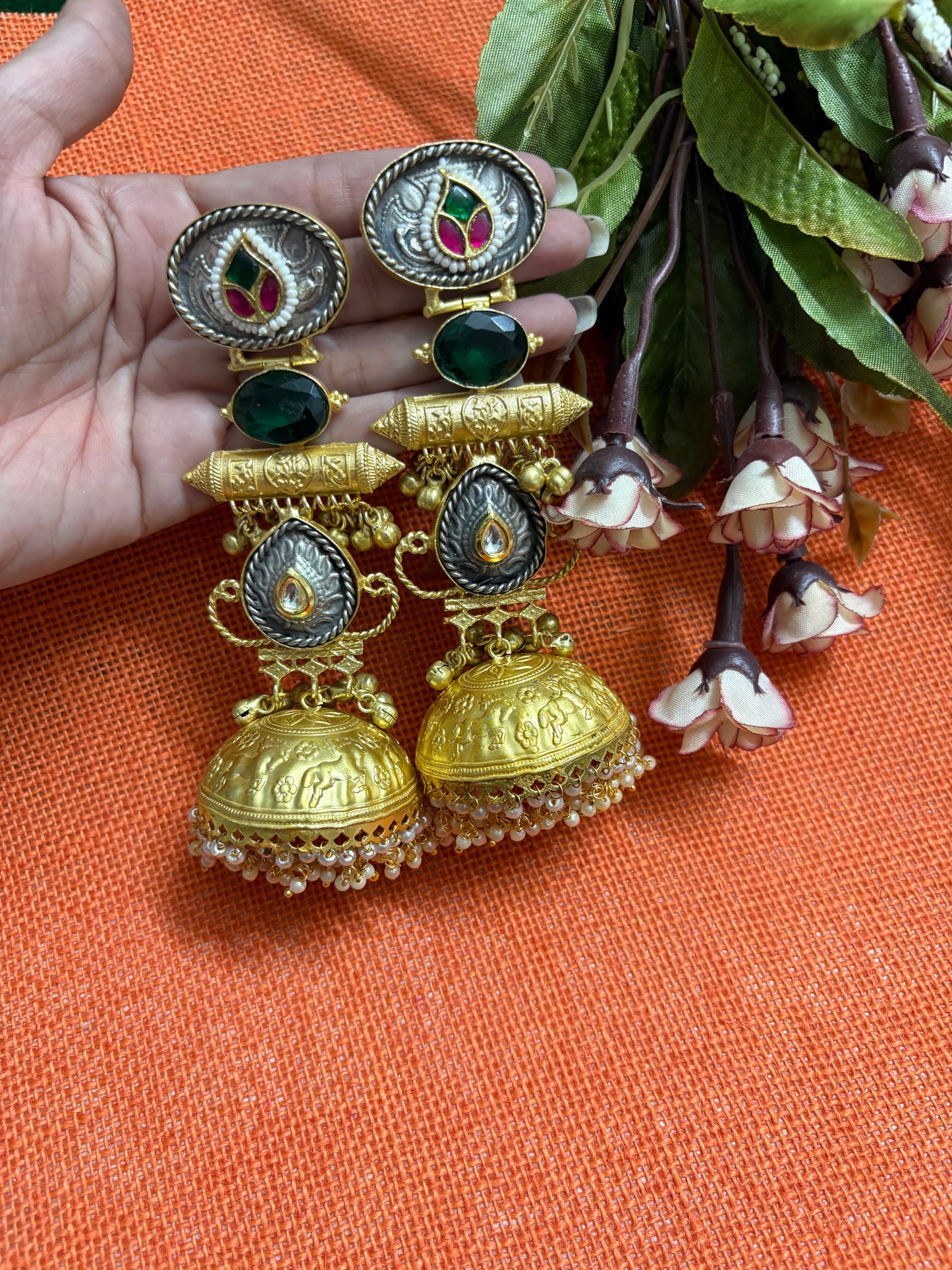 Meenakari Kundan Green Golden Replica Jhumkis