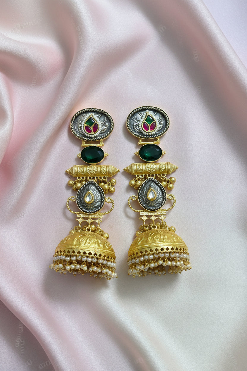 Meenakari Kundan Green Golden Replica Jhumkis