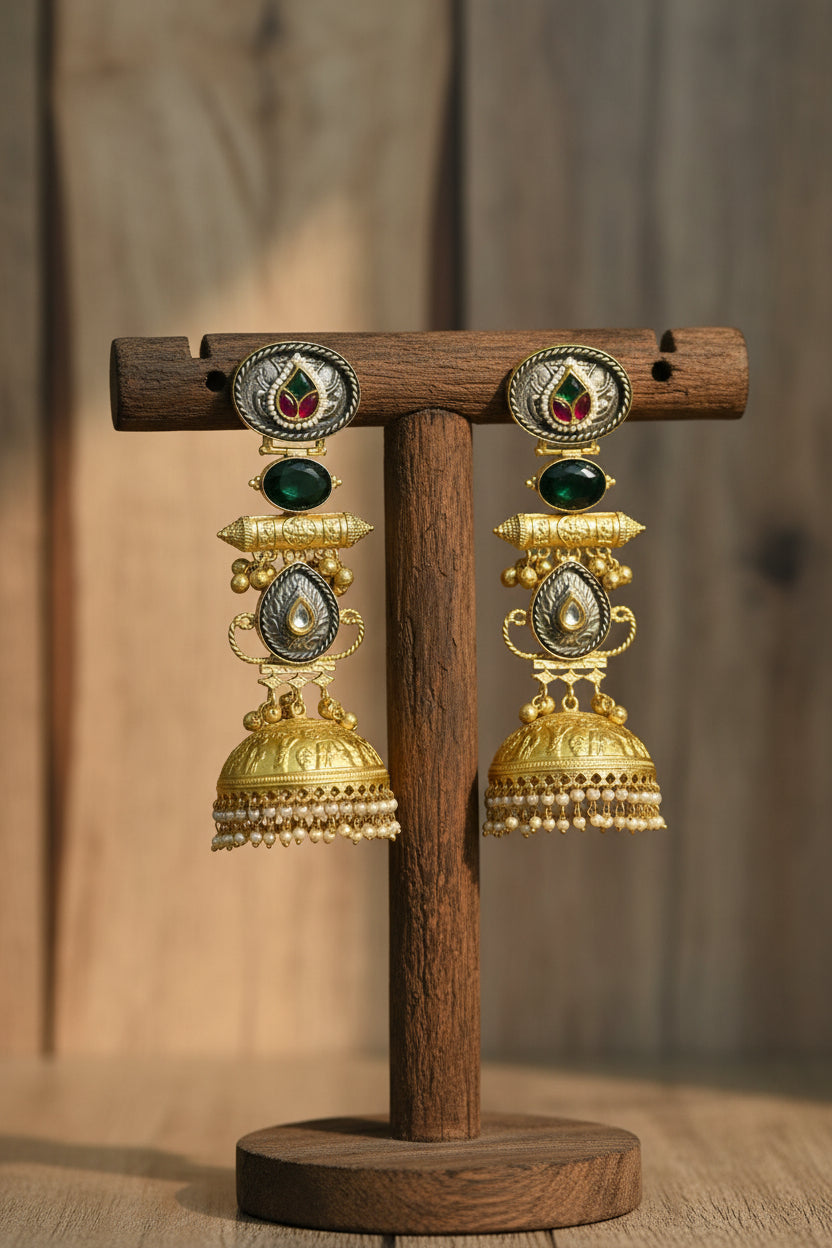 Meenakari Kundan Green Golden Replica Jhumkis