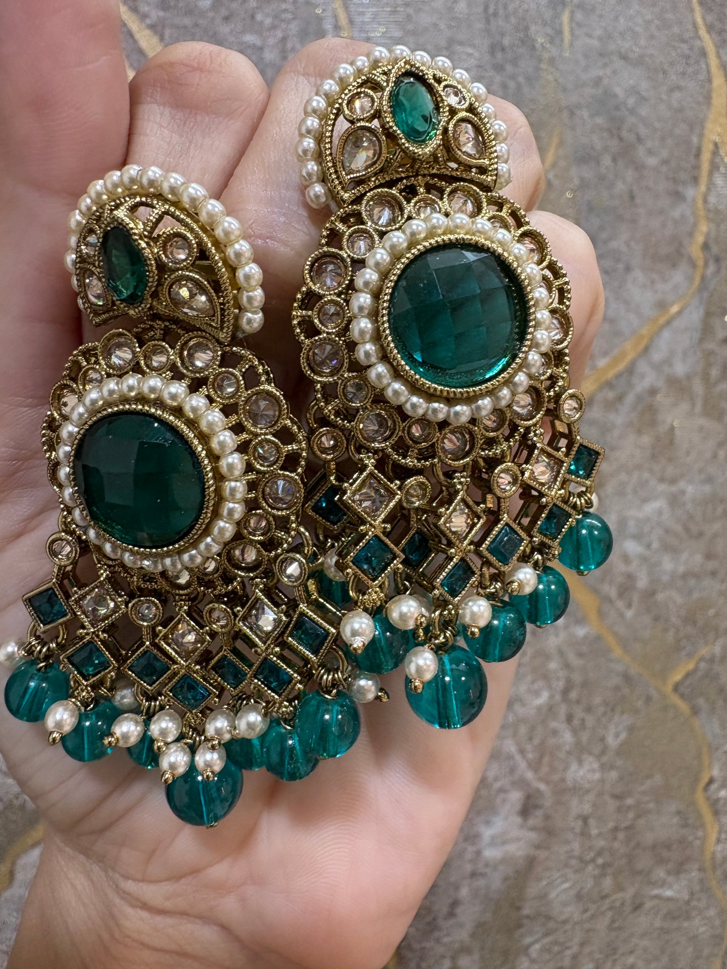 Peacock Green Kundan Antique Earrings