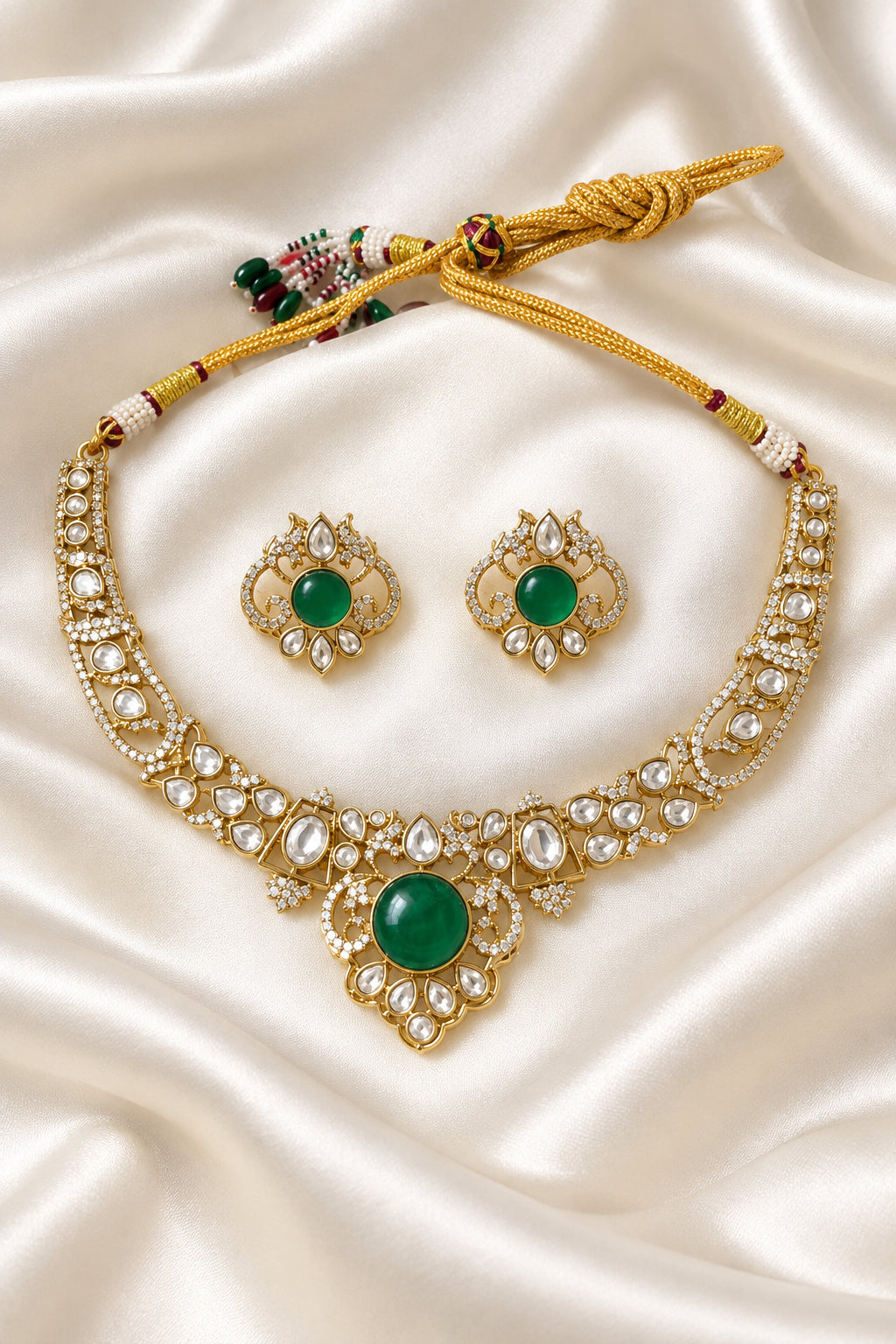 Emerald Green Victorian AD Choker Necklace Set - Diamond Look