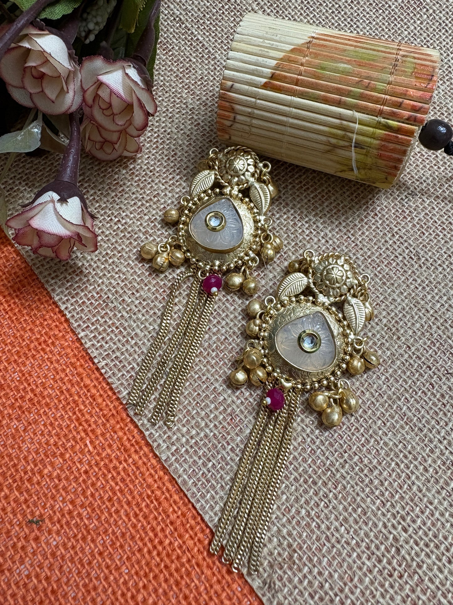 White Colour Kundan Brass long chain Earrings