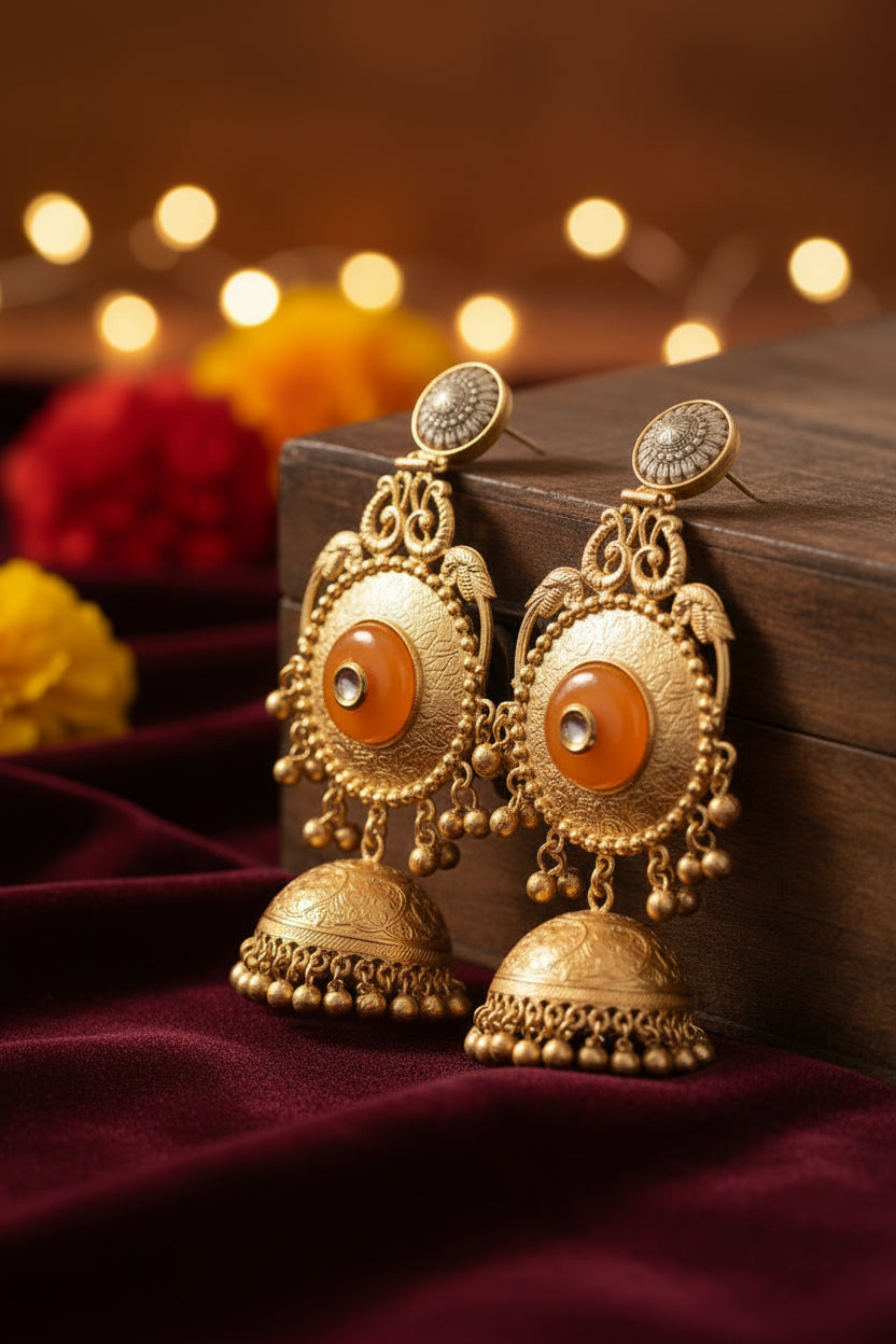 Yellow Brass Statement Jhumkis