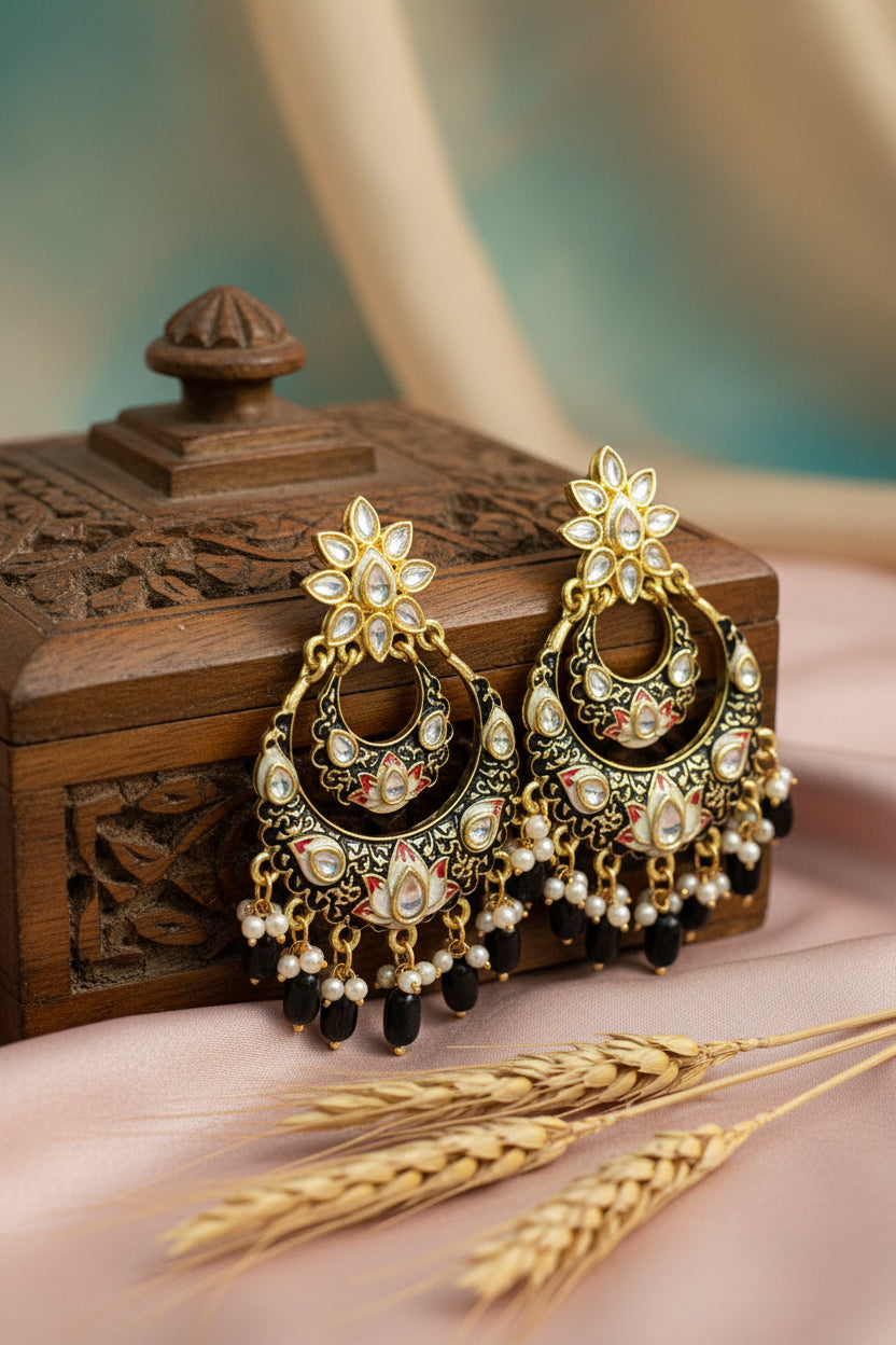 Black Colour Meenakari Brass Chandbalis