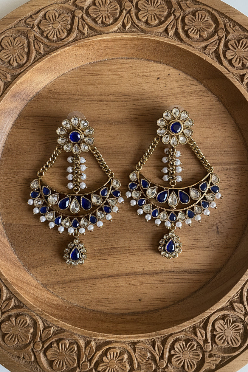 Premium Blue Brass Kundan Earrings