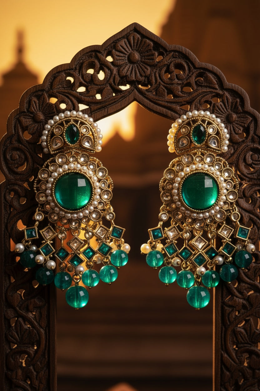 Peacock Green Kundan Antique Earrings