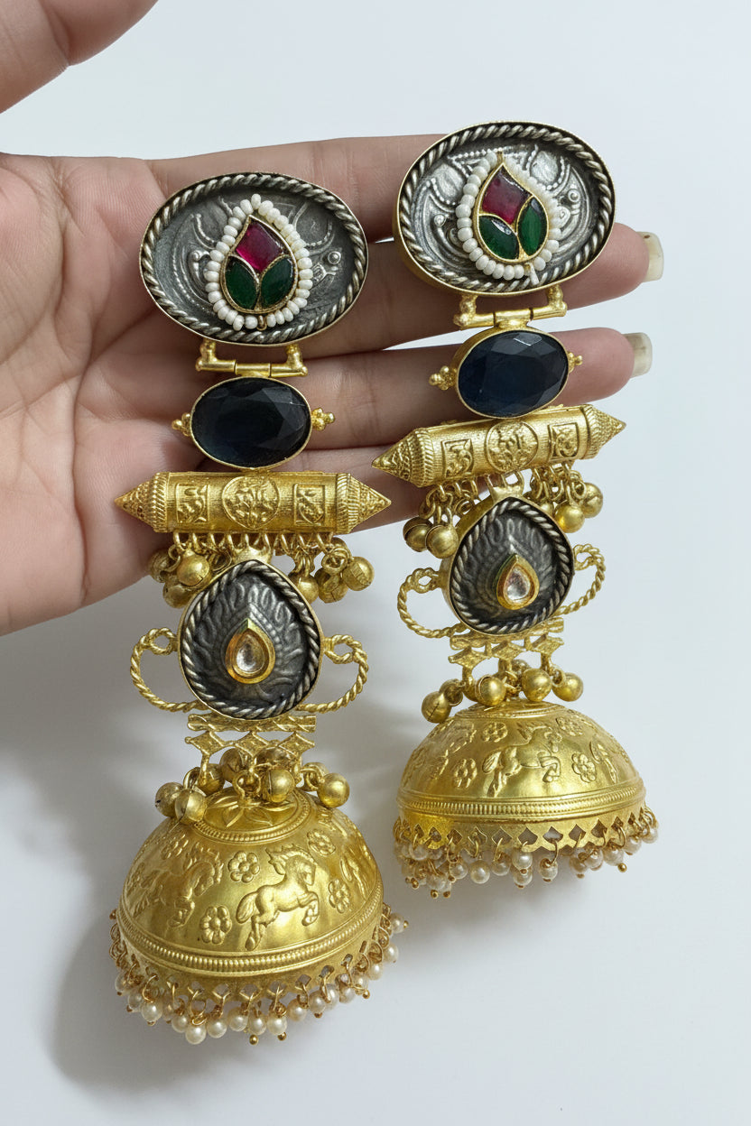 Meenakari Golden Replica Gray Brass Jhumkis