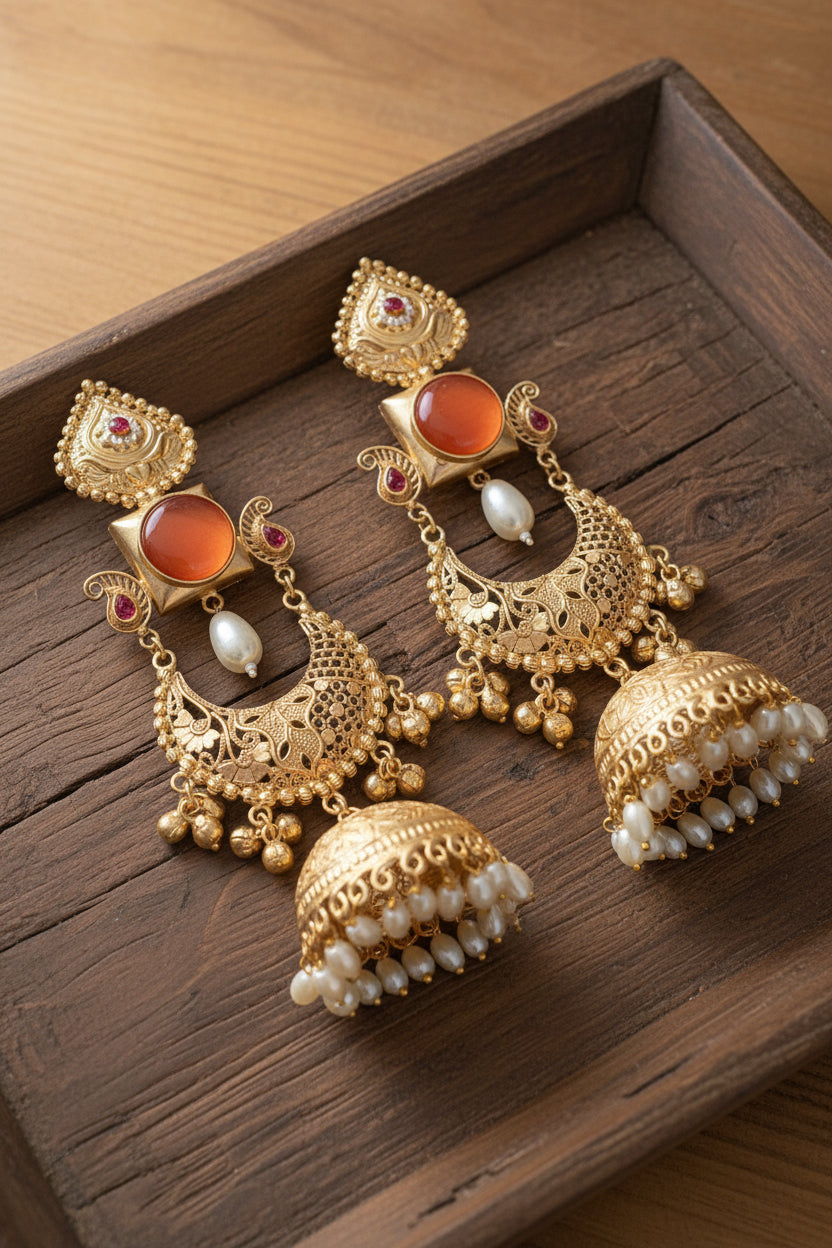 Peach Statement Brass Jhumkis