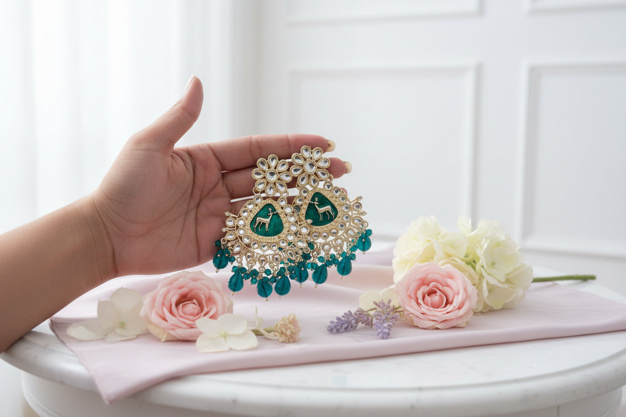 Peacock Green Kundan Earrings