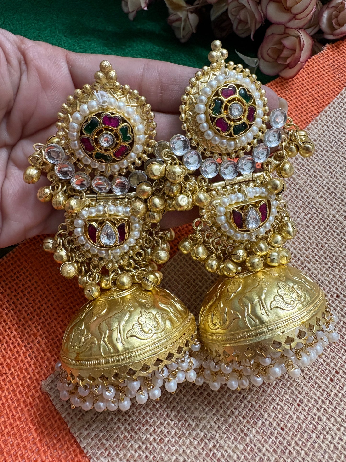 Meenakari Kundan Brass Jhumkis