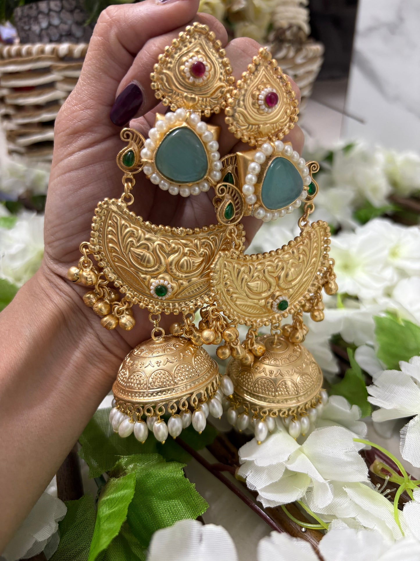 Light Green Golden Replica Brass Jhumkis