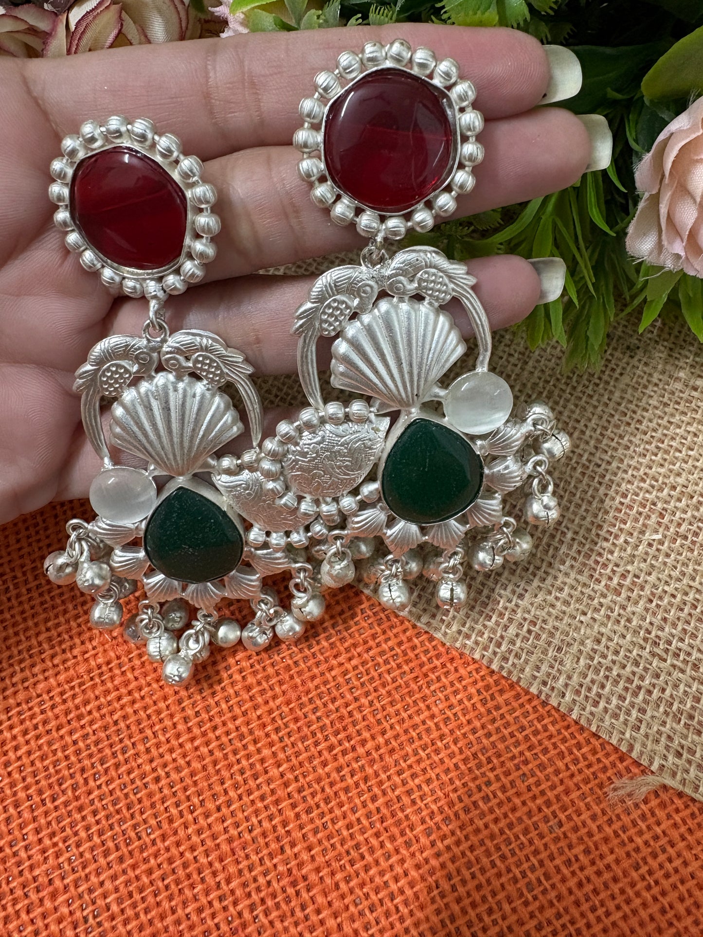 Silver Replica Red and Green Kundan long Earrings