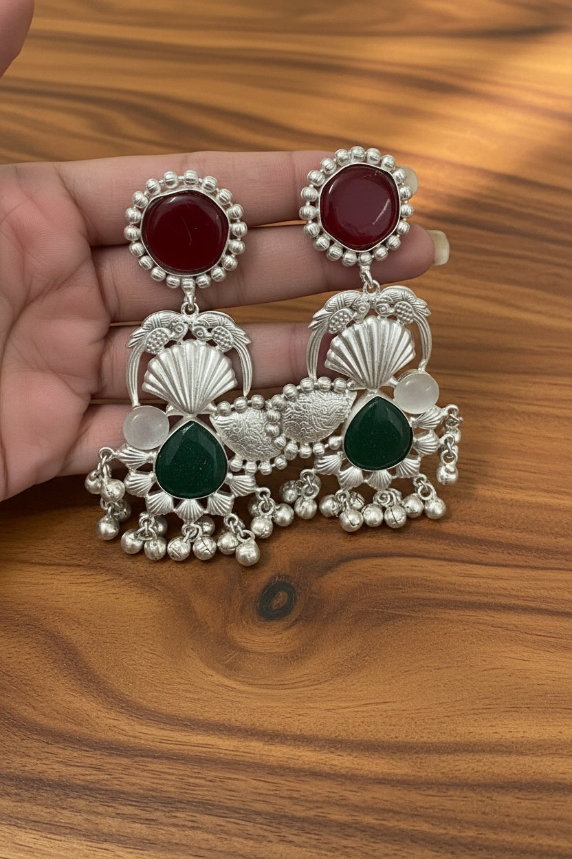 Silver Replica Red and Green Kundan long Earrings