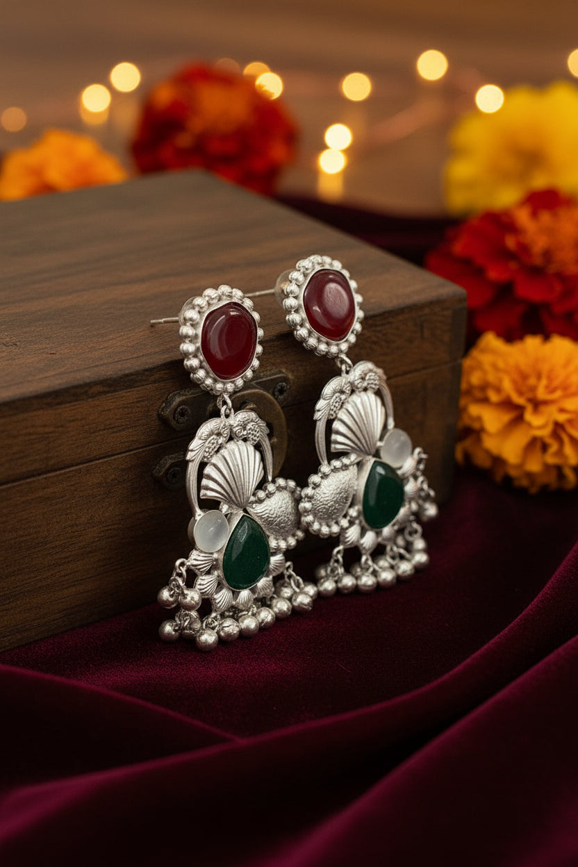 Silver Replica Red and Green Kundan long Earrings