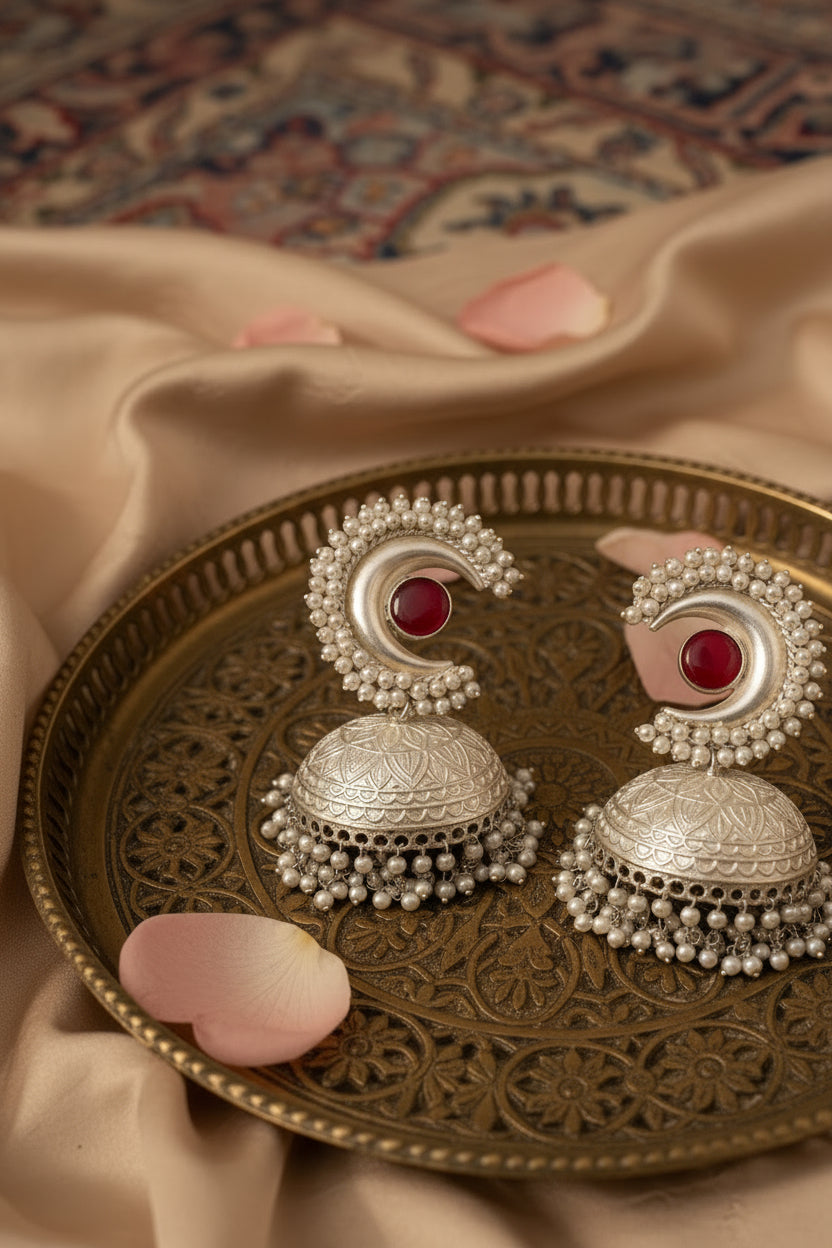 Silver Replica Red Kundan Brass Jhumkis