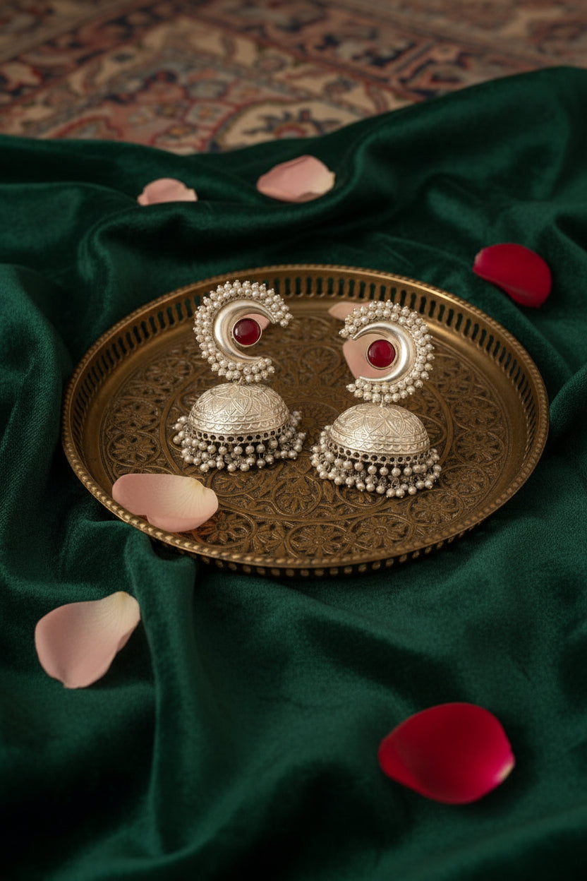 Silver Replica Red Kundan Brass Jhumkis