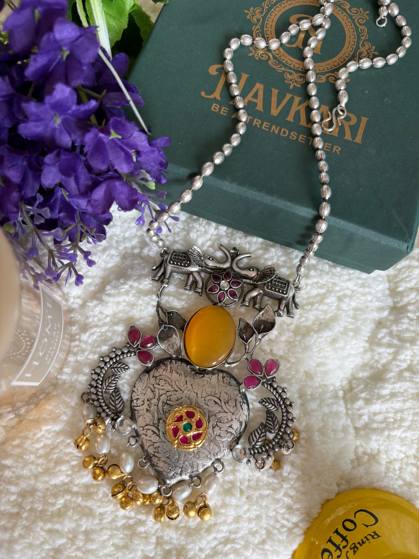 Yellow Kundan Long Chain Oxidised Necklace