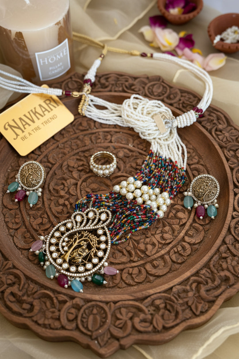 Multi-Colour Long Pearl Kundan Necklace