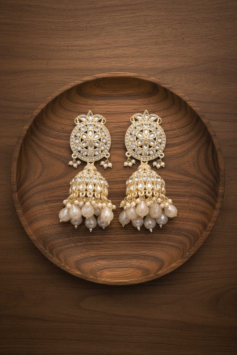 Beige White Kundan Earrings