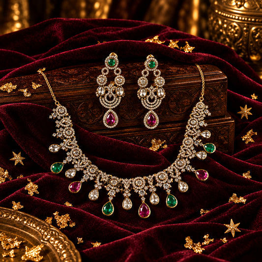 Multi-Color Victorian Diamond Choker Set with emerald & ruby drops