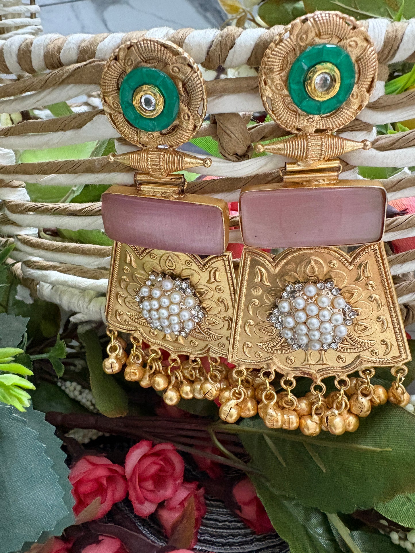 Peach Colour Long Brass Earrings