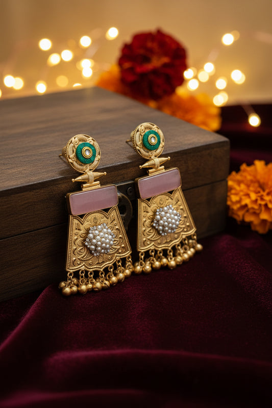 Peach Colour Long Brass Earrings