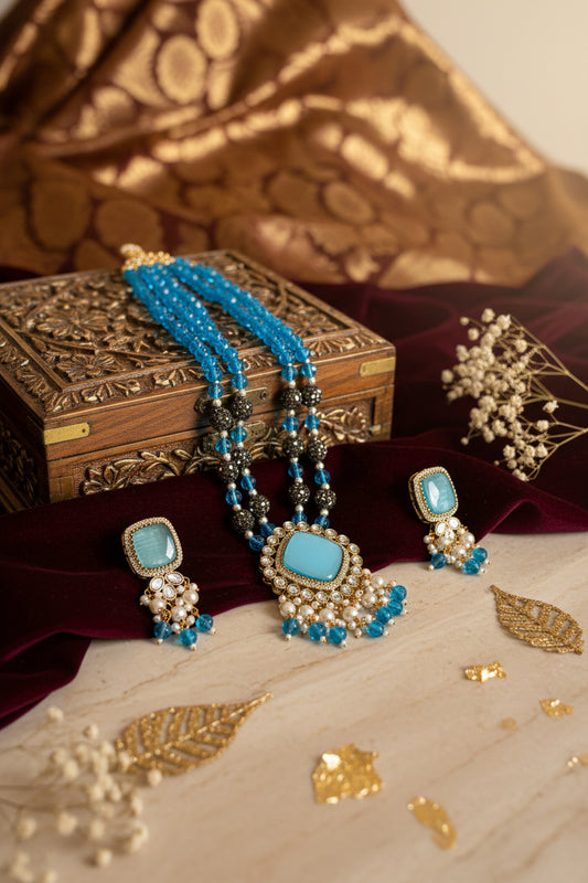 Sky Blue Long Kundan Necklace