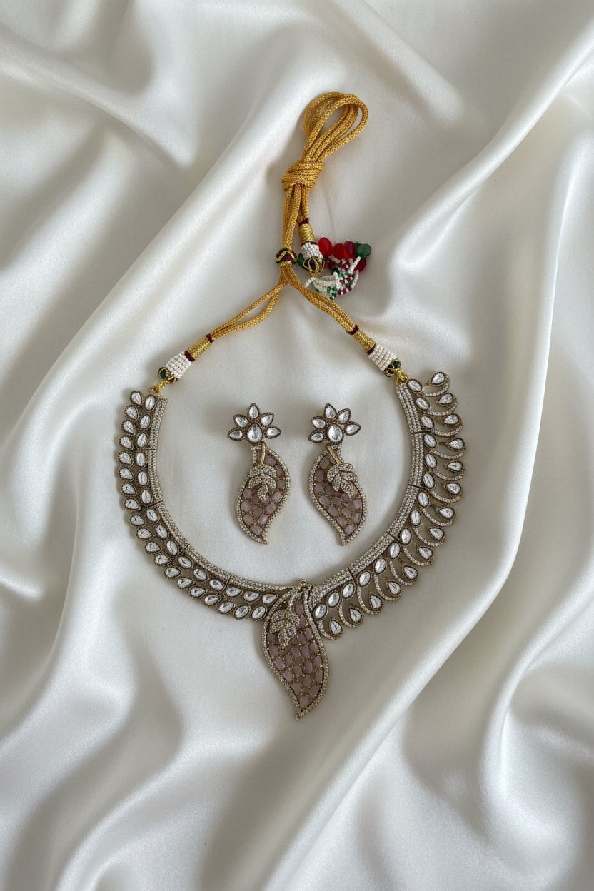 Victorian Antique Silver Leaf Motif Choker Set with Earrings