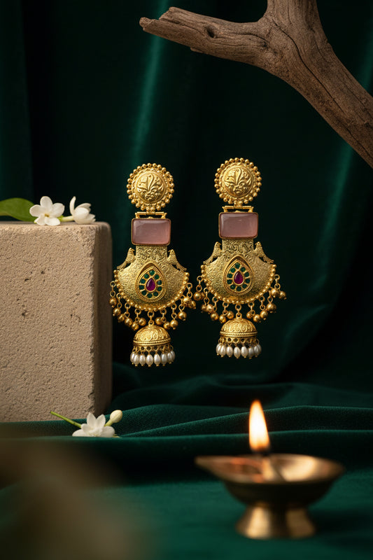 Peach Colour Long Chandbali Brass Earrings