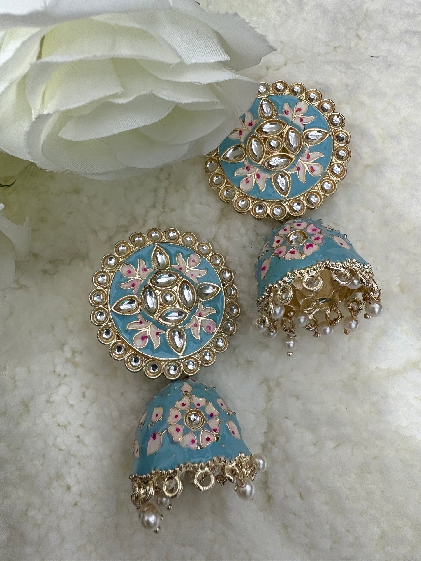 Sky Blue Meenakari Kundan Jhumki Earrings