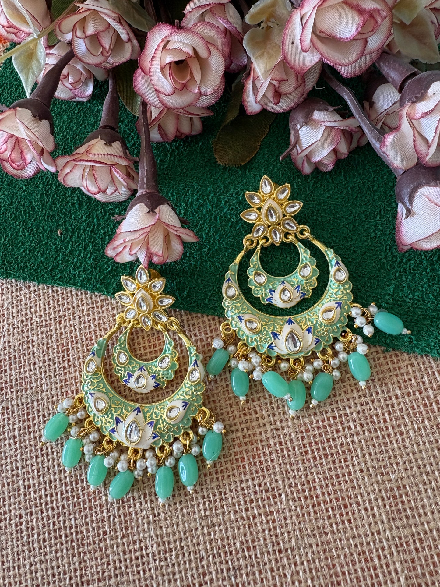 Light Green Meenakari Kundan Chandbalis