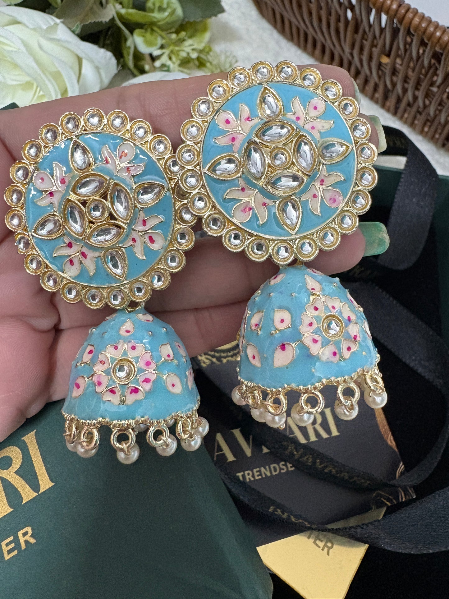 Sky Blue Meenakari Kundan Jhumki Earrings
