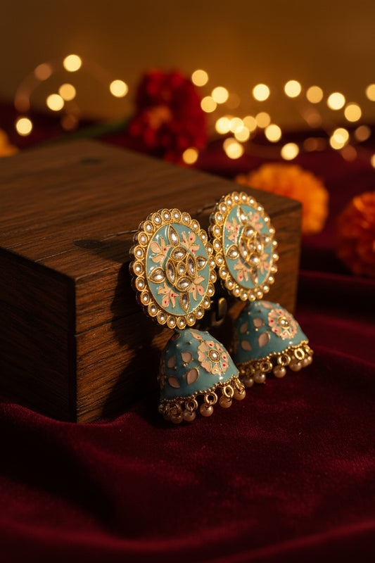 Sky Blue Meenakari Kundan Jhumki Earrings