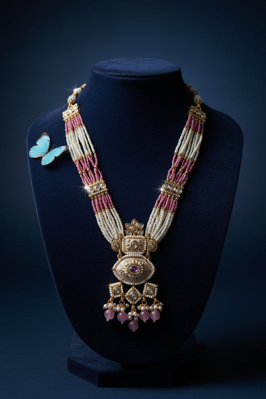White & Pink Seed Moti Long Choker with Pendant