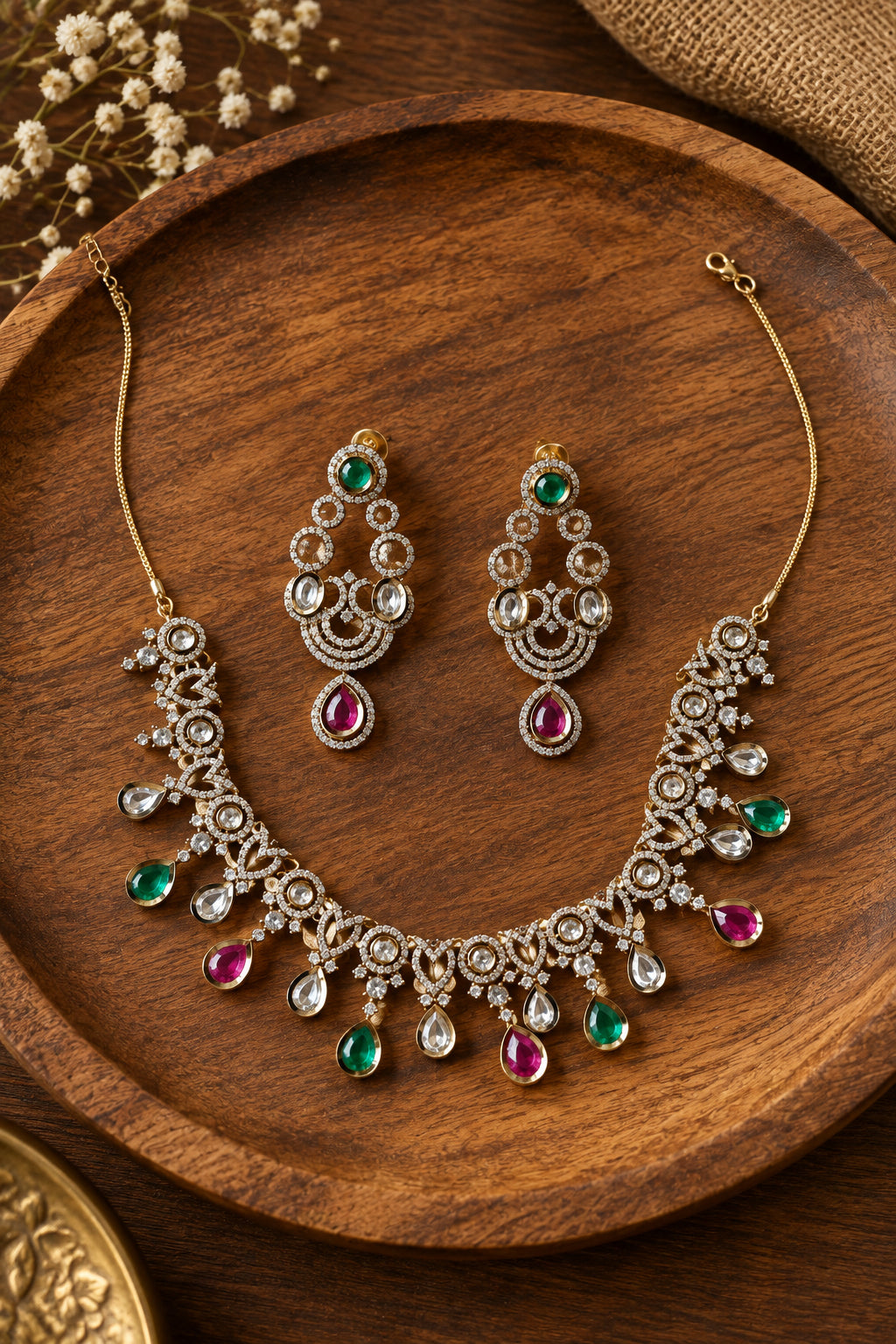 Multi-Color Victorian Diamond Choker Set with emerald & ruby drops