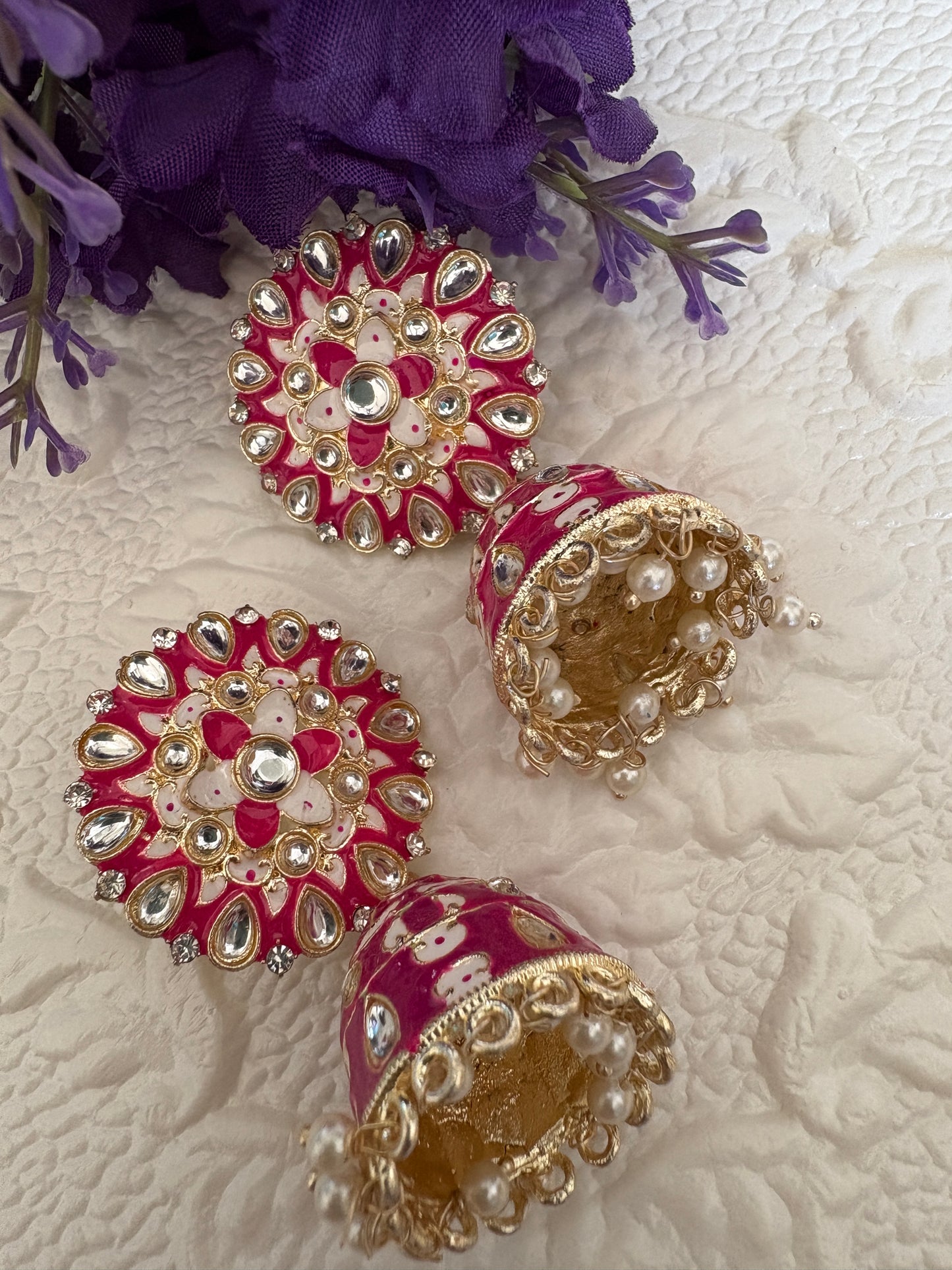 Rani Pink Kundan Meenakari Jhumki Earrings