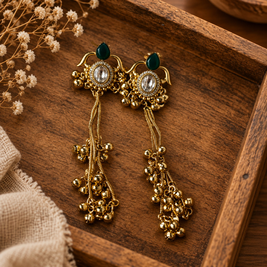 Antique Gold Long Earrings - Emerald Polki Ghungroo