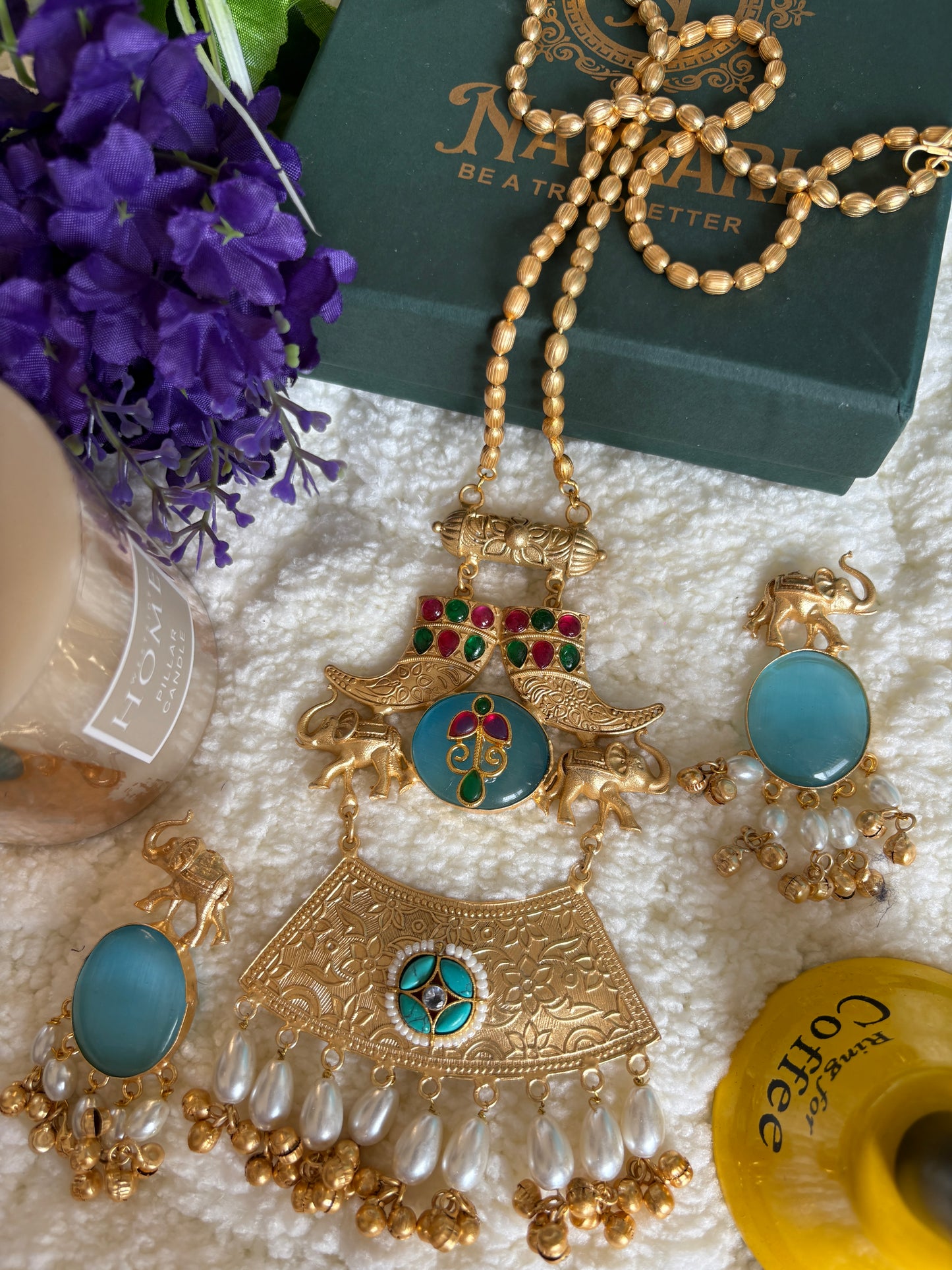 Blue Kundan Brass Long Chain Necklace