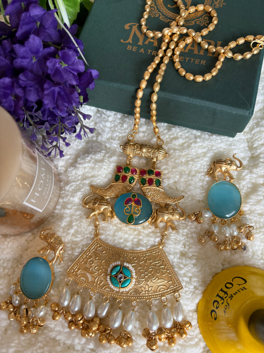 Blue Kundan Brass Long Chain Necklace