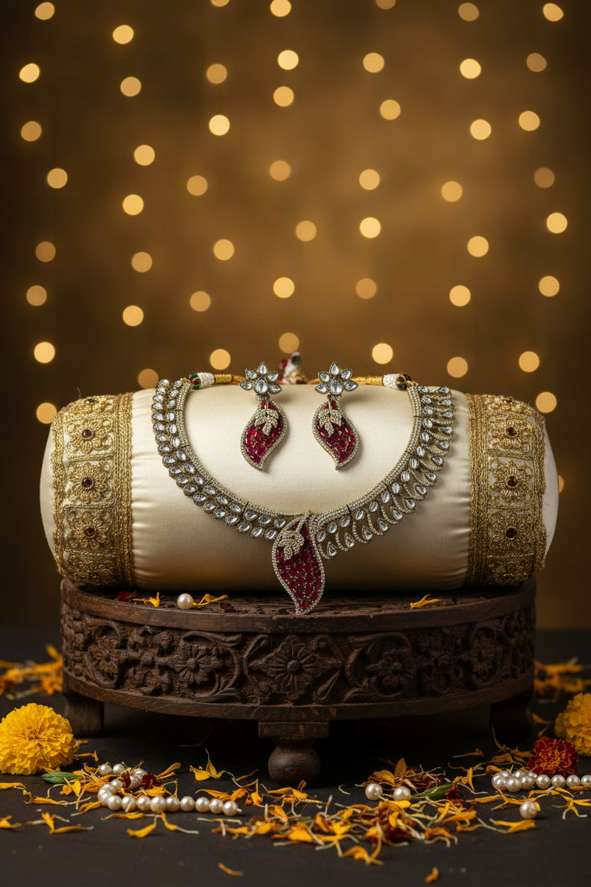Antique Gold Maroon Leaf Motif Polki Choker Set with Earrings